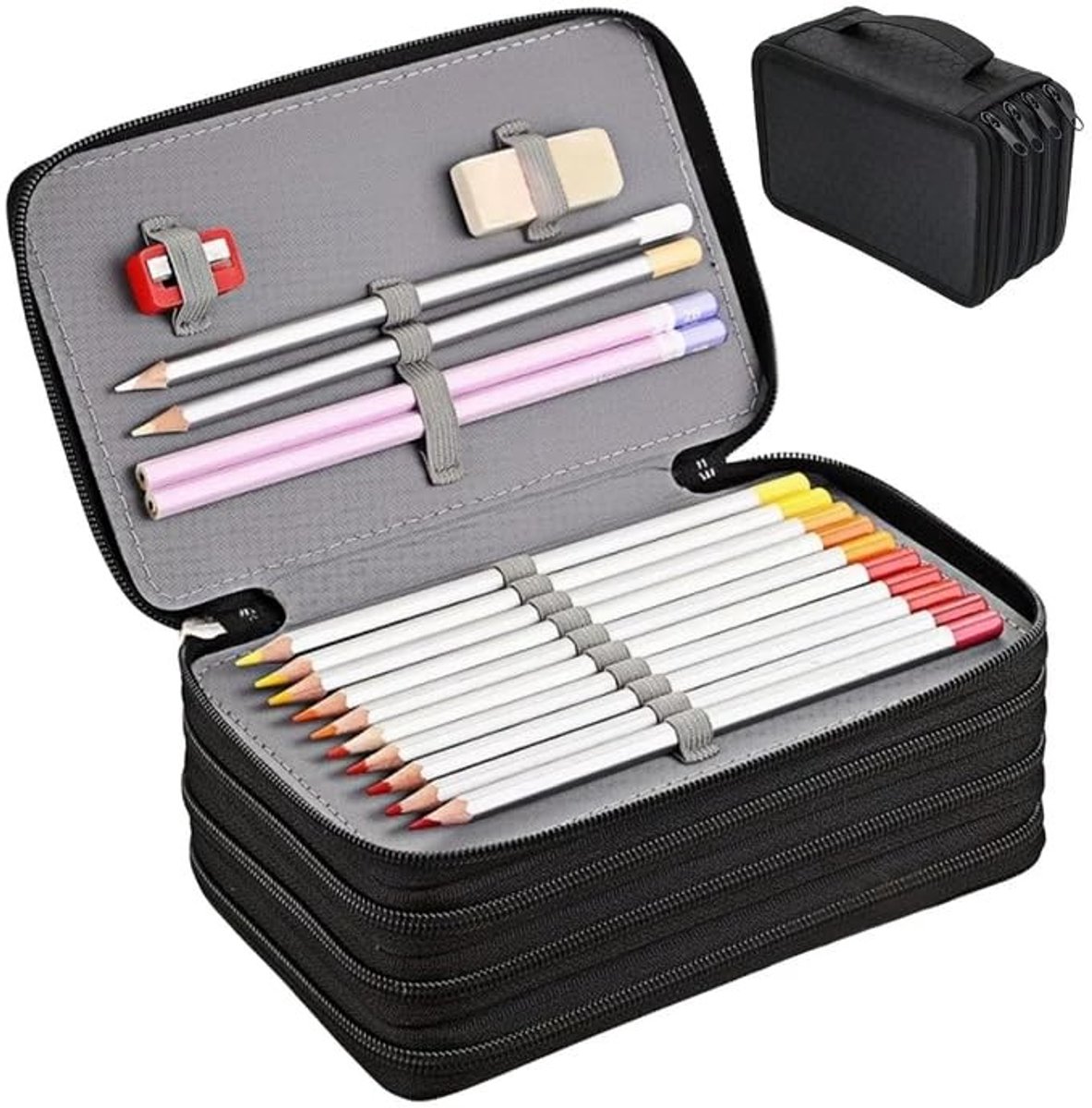Dailygoods - 72 sleuven mapjes groot: 4 vakken etui met ritssluiting, super grote capaciteit etui voor school studenten, werk, kantoorpen organizer houder schoolmateriaal, zwart