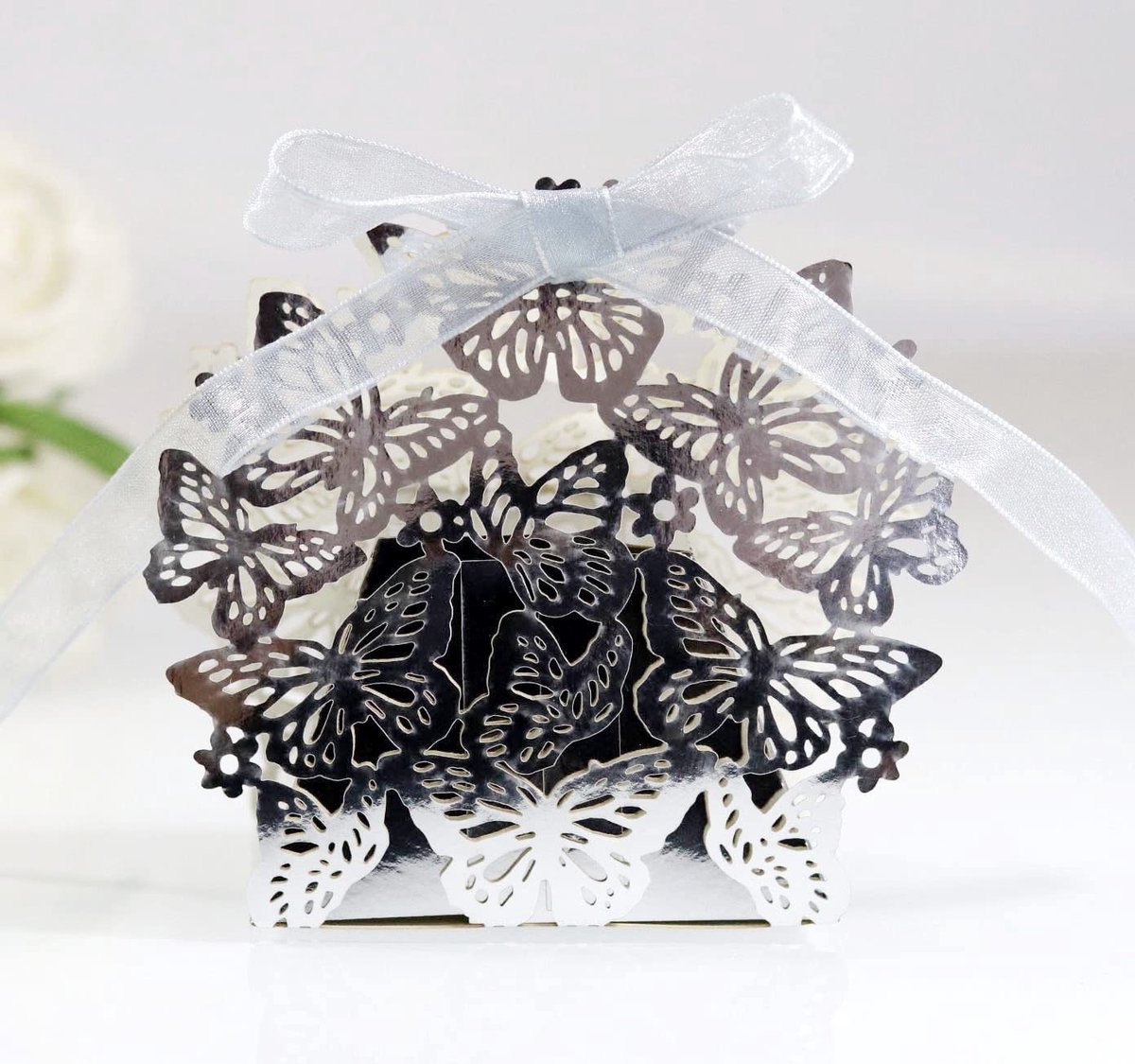 Dailygoods - zalati Vlinder kaart dozen 50 stuks snoep papier geschenkdoos voor bruiloft feest speciale dagen decoratie - spiegel zilver