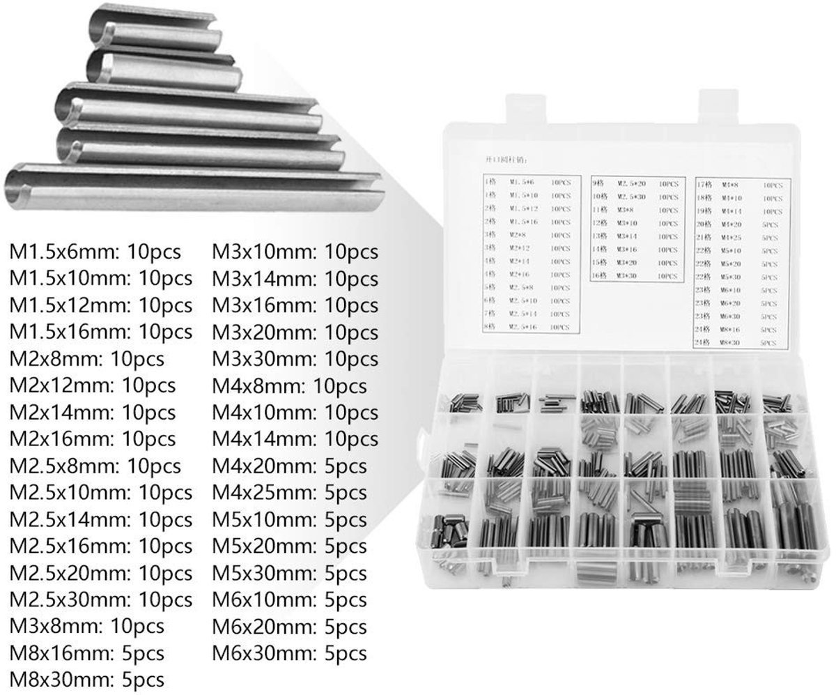 Dailygoods- Veerstiften Assortiment 280 Stuks - Kunststof Doos - Roestvrij Staal 304 - M1.5/2/3/4/5/6/8 - Duurzaam - Bevestigingsmiddelen - Veerpennen