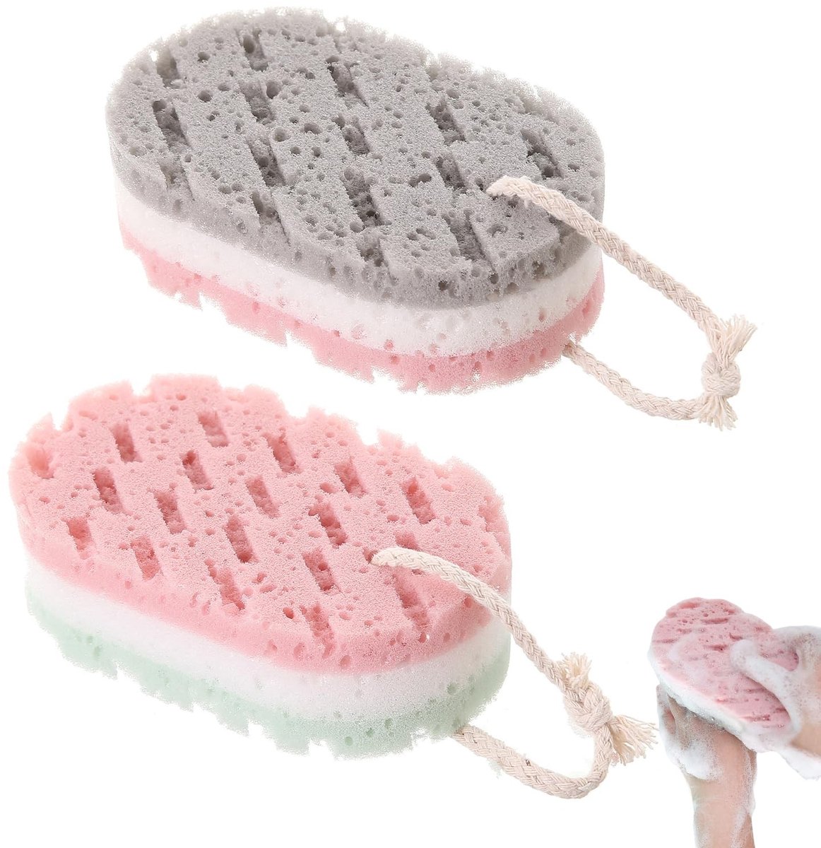 Dailygoods- Badspons Set van 2 - Drie Laag Constructie - Zachte Spons - Met Ophangkoord - Geschikt voor Volwassenen/Kinderen - Snelle Schuimvorming - Luffa Spons