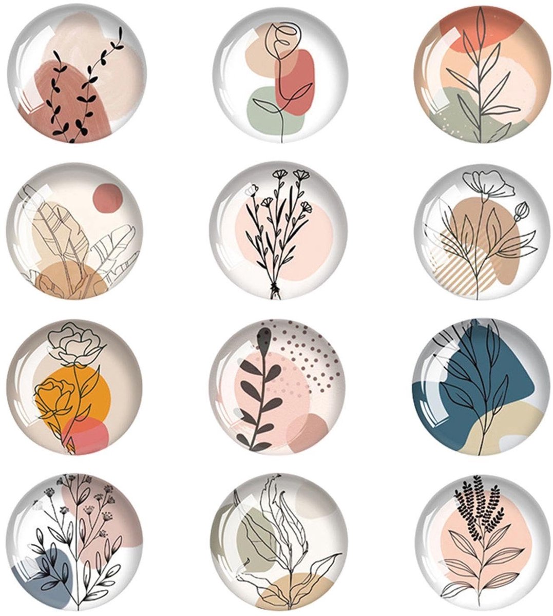 Dailygoods- Koelkastmagneten 12 stuks - Bloemenmotief - Decoratieve Magneten - Ronde Magneten - Waterdicht - Sterke Kleefkracht - Decoratiemagneten