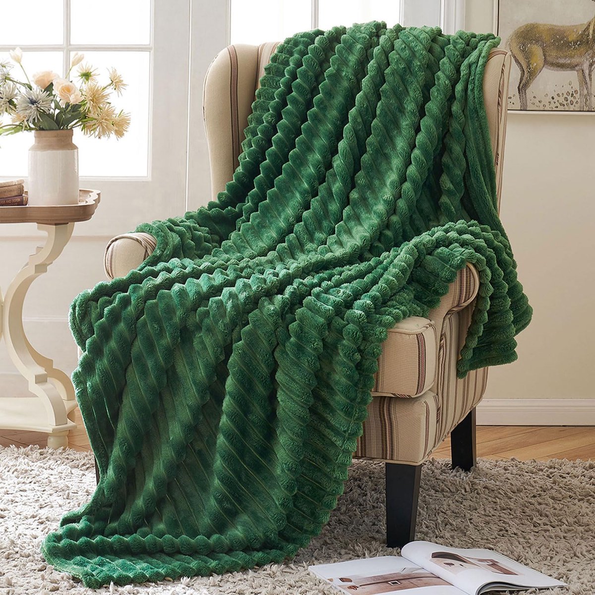 Plaid, zachte warme comfortabele deken voor bank, corduroy-look, pluizige deken voor bed, slaapkamer, bank, onderweg, kinderen, 150 x 200 cm, donkergroen