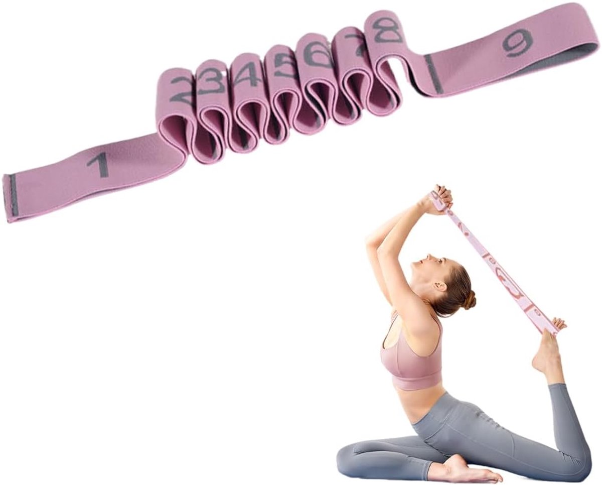 Elastiek voor krachttraining, elastische sportband, elastische yogariem met 9 gespen voor pilates, fascia, krachttraining, lichaamsstretch, ballet, dans, fitness (roze)