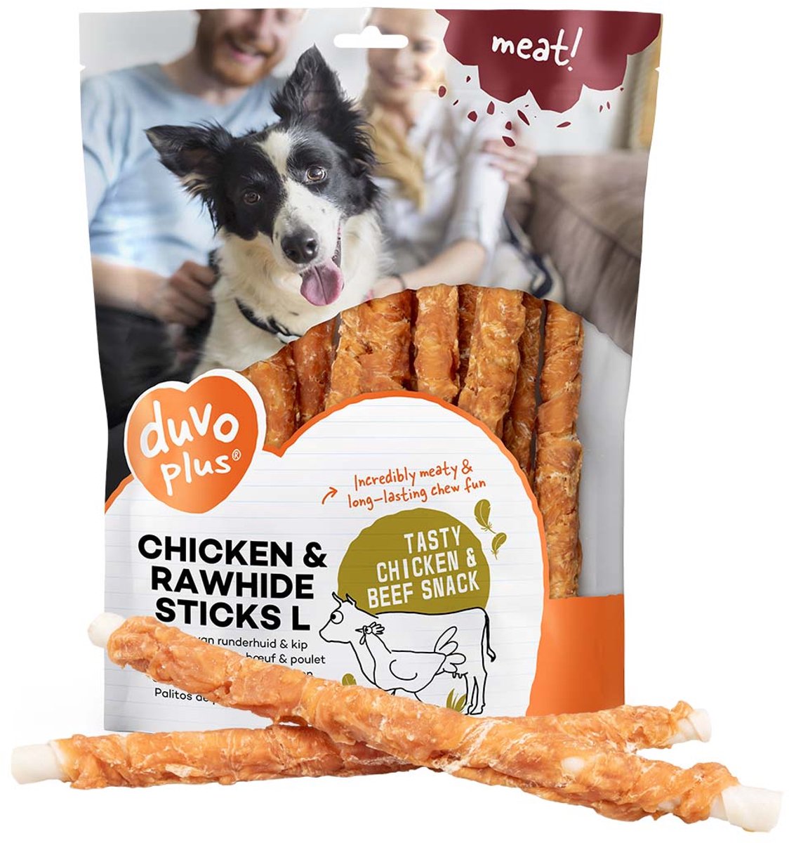 duvoplus meat! snack kip&runderhuid sticks voor honden L-25cm-1kg