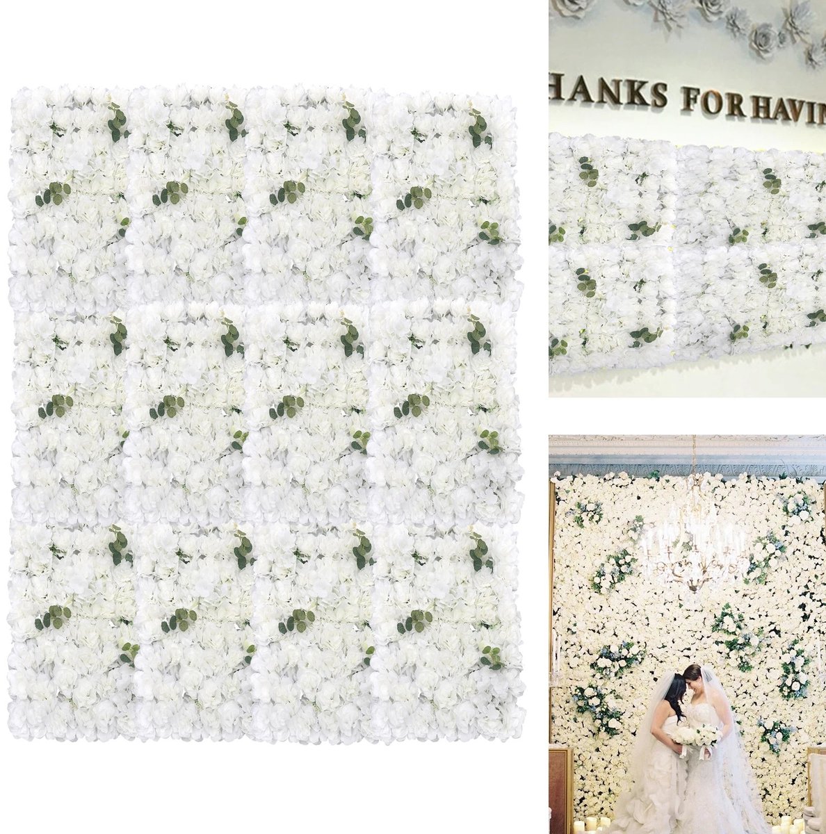 Dailygoods 12 stuks witte Dahlia Hortensia Eucalyptus panelen, kunstbloemen, bloemenwand, 3D levensechte decoratieve ach
