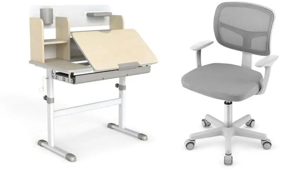 Dailygoods In hoogte verstelbaar kinderbureau + kinderbureaustoelset, bureau, jeugdstoel, grijs