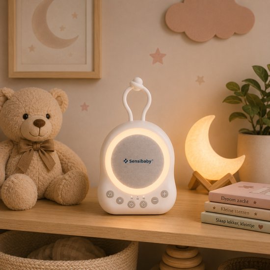 SensaBaby geluidsmachine met zacht geel licht op een nachtkastje, naast een teddybeer en boeken. Slaapomgeving.