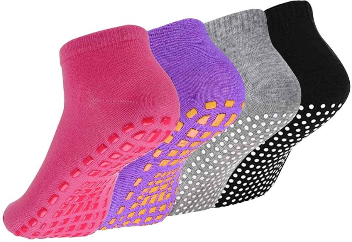 Dailygoods - GWAWG 4 paar antislip yogasokken pilates trampoline sokken vrouwen mannen antislip bodem geschikt voor ziekenhuizen, beweging, yoga, ballet, trampoline, sport, ROZE PAARS ZWART GRIJS, M