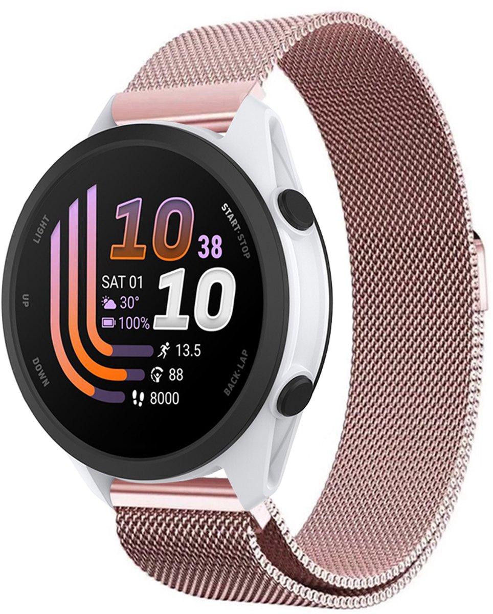 Stravo Milanees Bandje – Geschikt voor Garmin Forerunner 70 / 170 / 55 / 165 / 245, Vivoactive 6 / 5 / 3, Venu SQ 2 – Metalen Milanese Horlogebandje – Roze