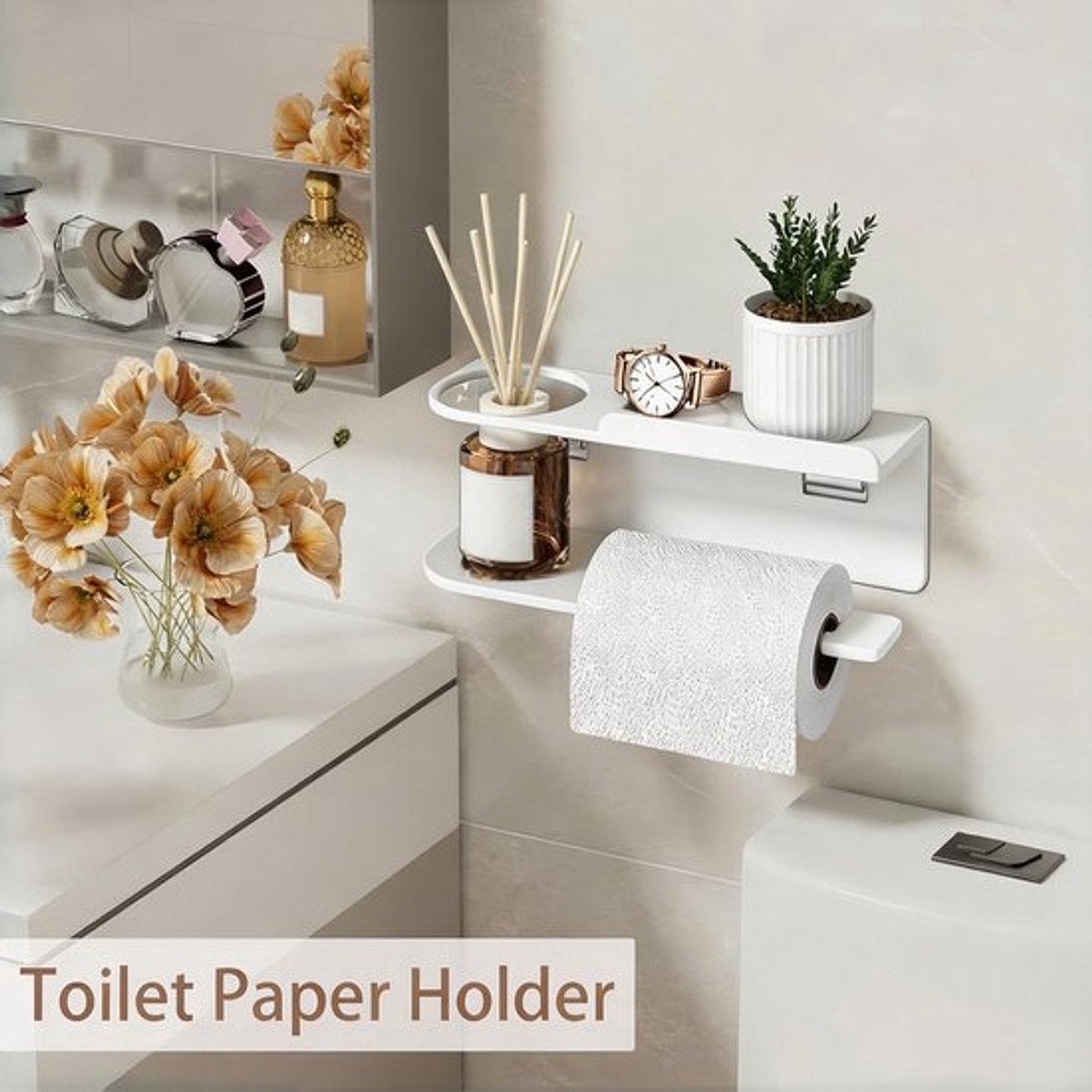 Keukenrolhouder - Opbergrek - Toiletrolhouder met Plank – Zelfklevende WC Rolhouder met Opbergrek, Wandgemonteerde Badkamer Organizer van Versterkt PP, Zonder Boren, voor Toilet, Badkamer en Keuken – Wit