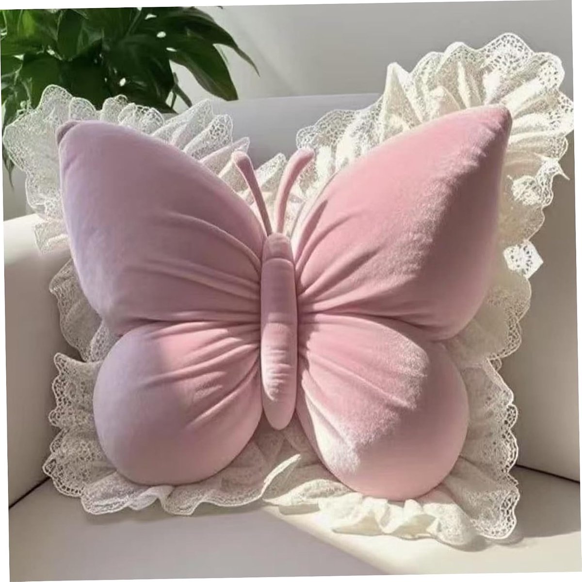 Vlinderkussen - 50 x 45 cm - vlindervormige kussens met kanten rand - zacht decoratief kussen - voor bank- en slaapbankdecoraties - roze en wit