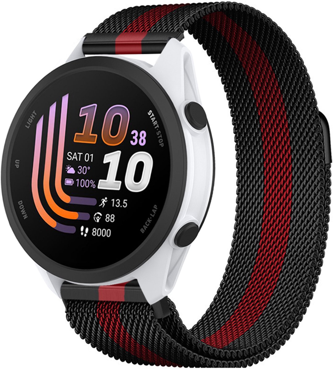 Stravo Milanees Bandje – Geschikt voor Garmin Forerunner 70 / 170 / 55 / 165 / 245, Vivoactive 6 / 5 / 3, Venu SQ 2 – Metalen Milanese Horlogebandje – Zwart / Rood