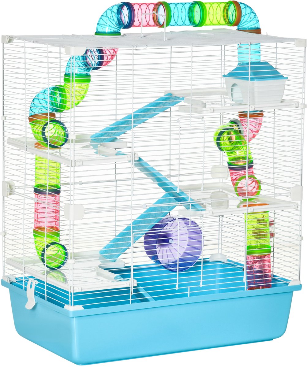 Hamsterkooi met 5 verdiepingen - tunnel - drinkfles - loopwiel - huisje en ladder - 59L x 36l x 69H cm - blauw