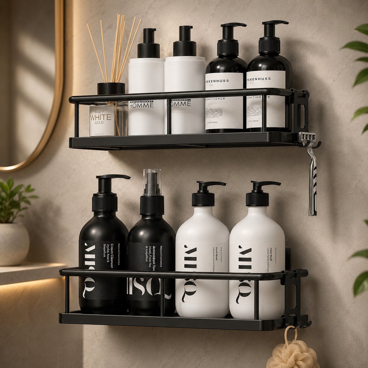 Doucheplank Zonder Boren - Badkamerorganizer met 4 Haken - Zwart - Shampoohouder voor Douche