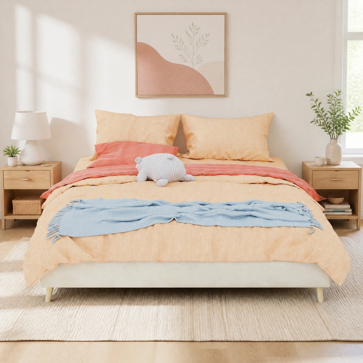 COVREO Bedframe 160x200 cm beige stof metaal, lattenbodem en laag model