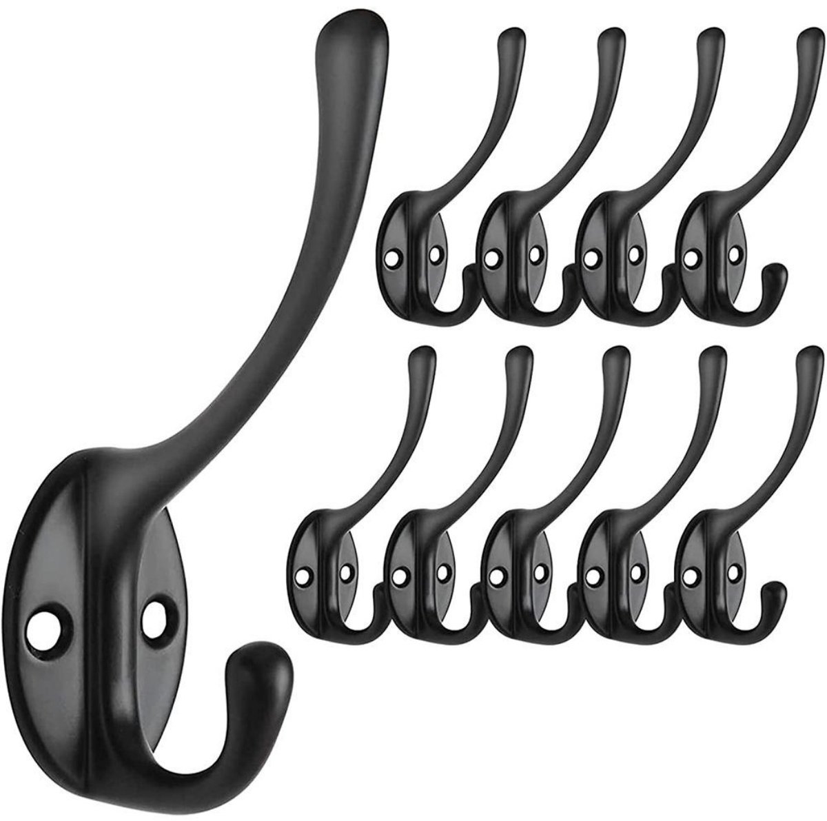 GELLDG 10 Stuks Kledinghanger - Dubbele Haak Wandhaak - 55x18mm - Waterdicht en Rostvrij - Geschikt voor Garderobe Badekamer Keuken - Zinklegering - Incl. Schroeven