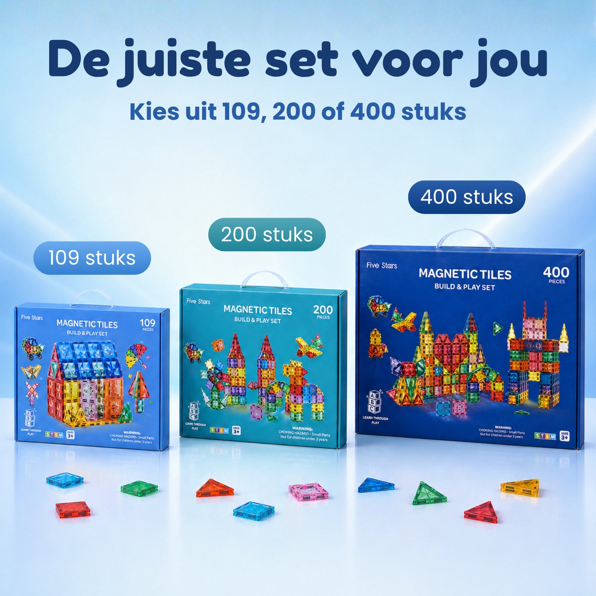 Five Stars® Magnetic Tiles 400 Stuks – Inclusief Bouwopdrachten – Magnetische Tegels Speelgoed – Magnetisch Bouwspeelgoed – Montessori Educatief – Constructie Bouwstenen – Magna Tiles - Cadeau voor Jongens & Meisjes — afbeelding 9