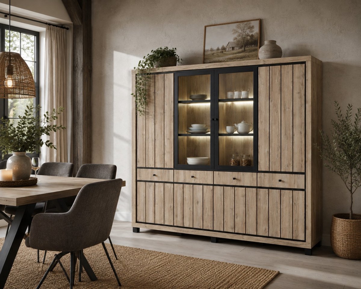 BELFURN Vitrinekast Eduard 240 cm – Summer eik decor – LED verlichting – 4 deuren – vitrinekast met glas bruin