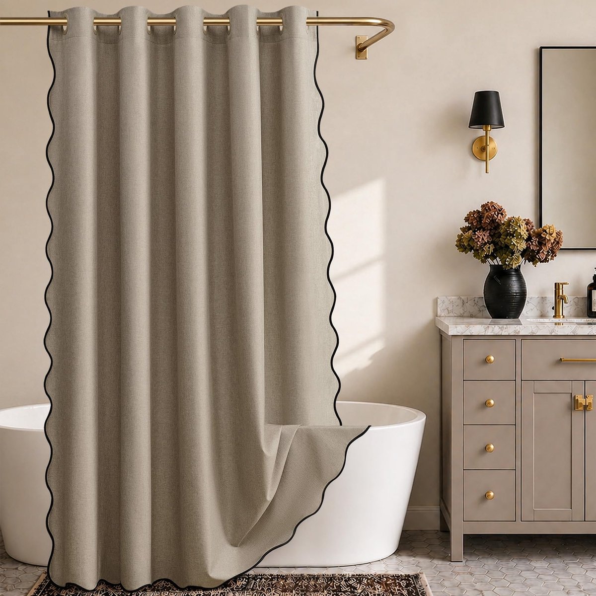 Douchegordijn - No Hook Douchegordijn met Schelprand –Beige Waaier Kant Design met Linnen Textuur - Wasbaar, Zwaar en Verzwaarde Onderkant – Geschikt voor Badkamer en Bad - 180 × 180 cm –Bruin
