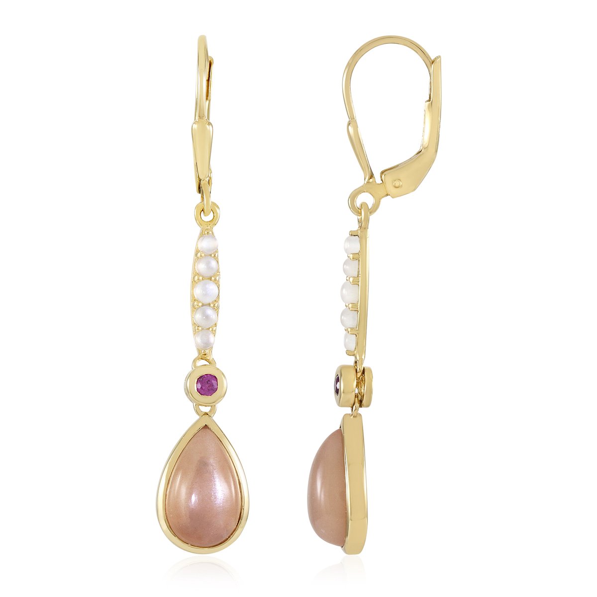 Cavill - Oorbellen 925 Sterling Zilver Verguld - 4,95 ct Perzik Maansteen Druppel - 0,62 ct Rhodoliet & Witte Maansteen - Elegant Handgemaakt