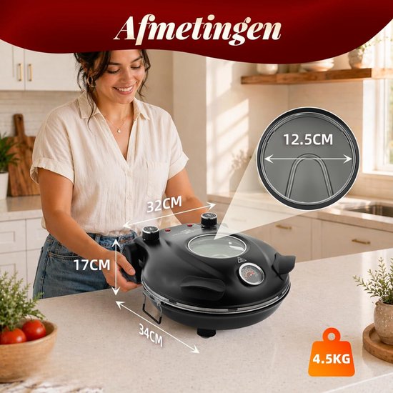 NIVA® Pizza Oven - Pizzaoven Draagbaar - Pizza Oven Elektrisch - Zwart - 33cm x 34cm x 17cm — afbeelding 2
