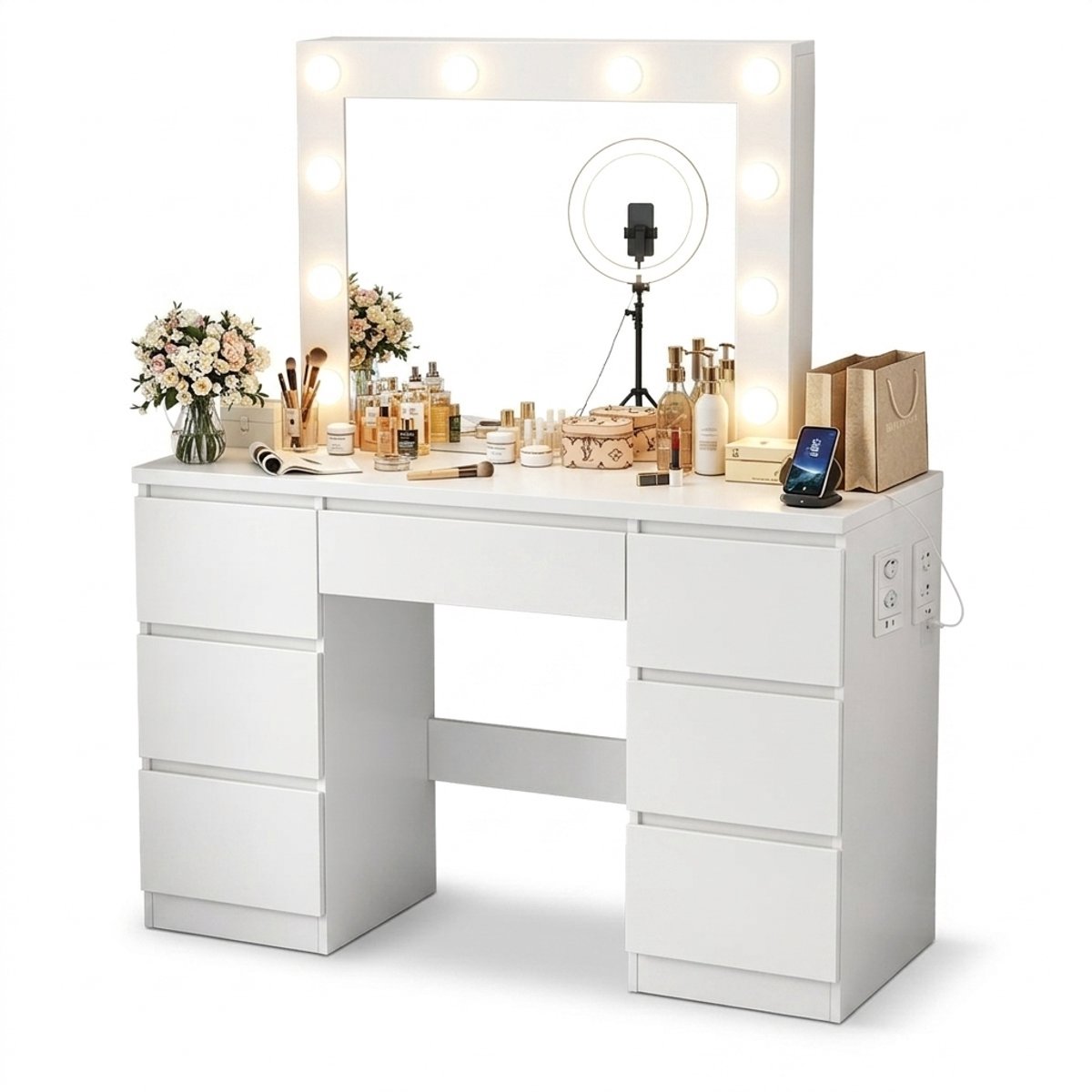 NordHaus Kaptafel - Make-uptafel - Kaptafel met spiegel - 7 ruime laden - LED-verlichting en geïntegreerde laadpunten