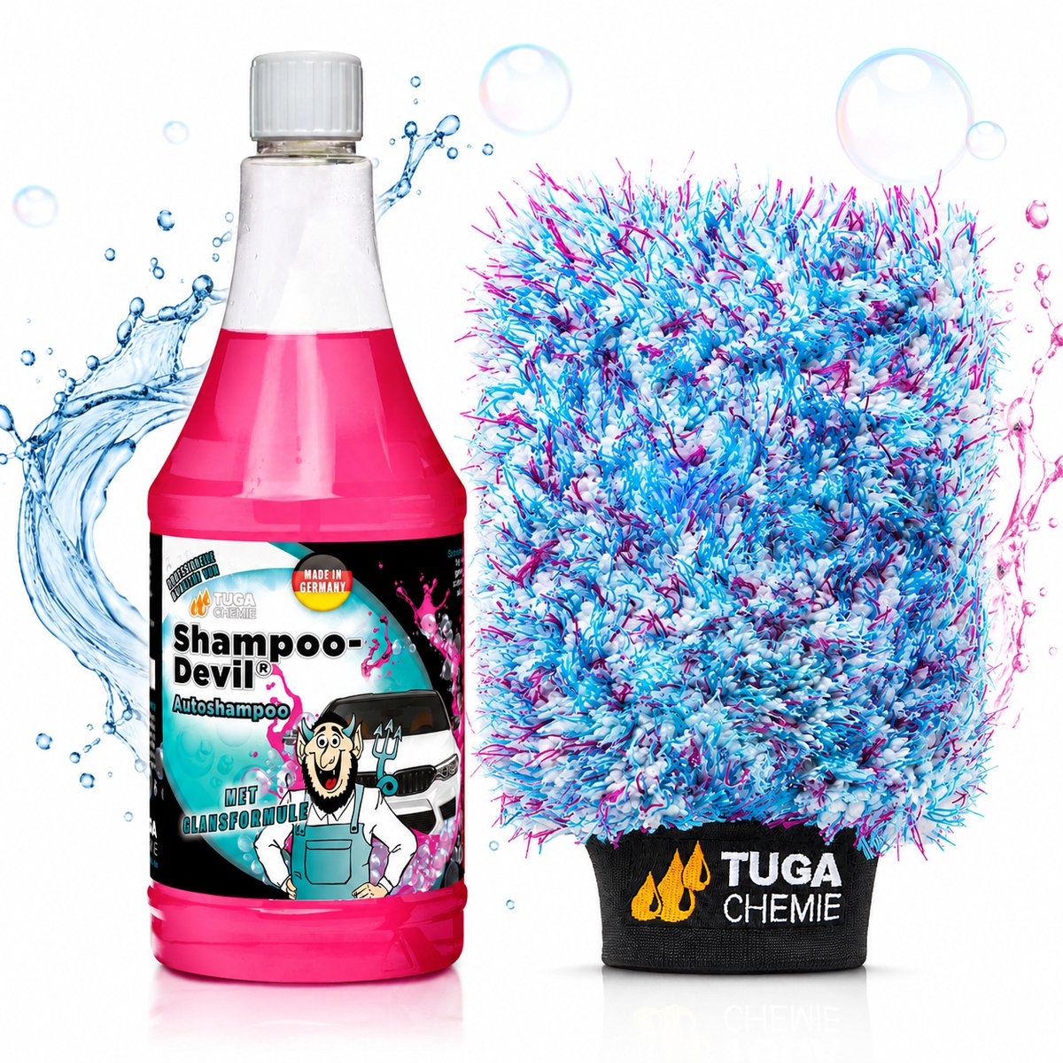 TUGA Chemie Shampoo-Teufel Autowasset – 1L Autoshampoo + Premium Microvezel Washandschoen – Krasvrij Auto Wassen
