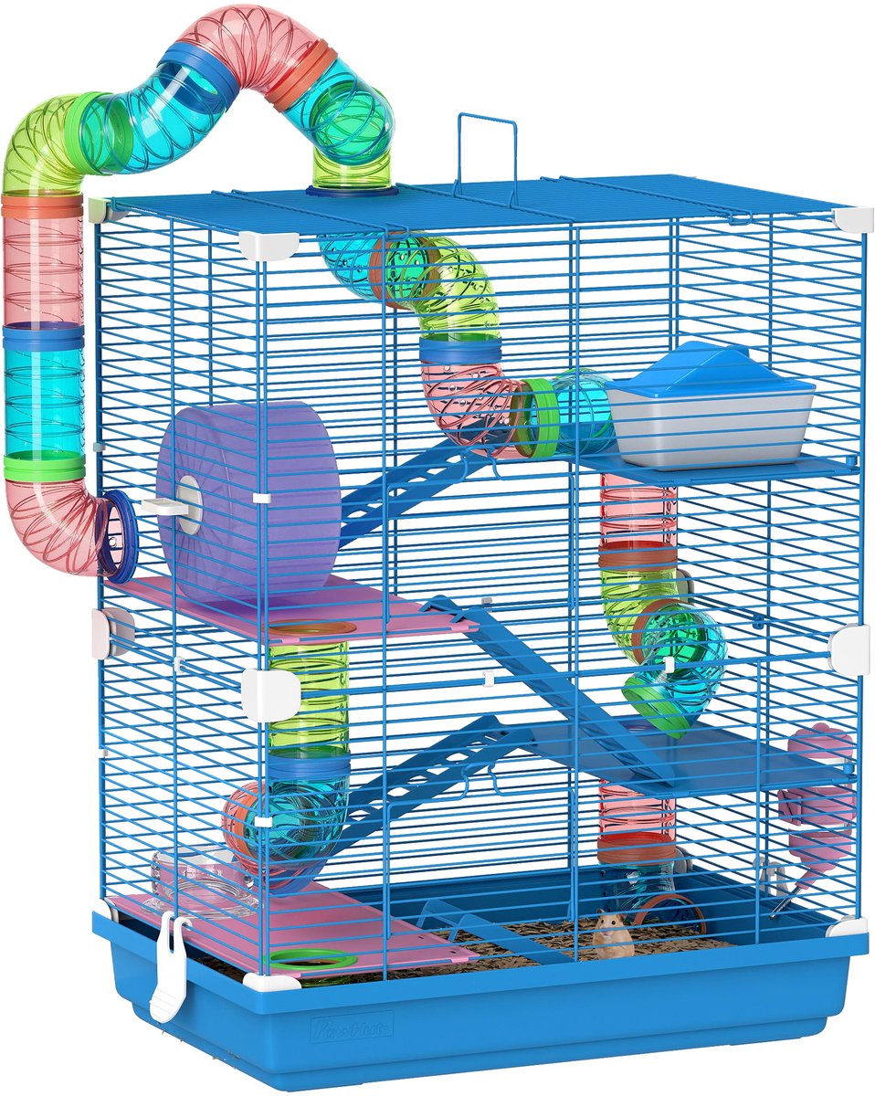 Grote hamsterkooi voor knaagdieren - 5 verdiepingen - met tunnels - drinkbak - speelgoedladders - blauw