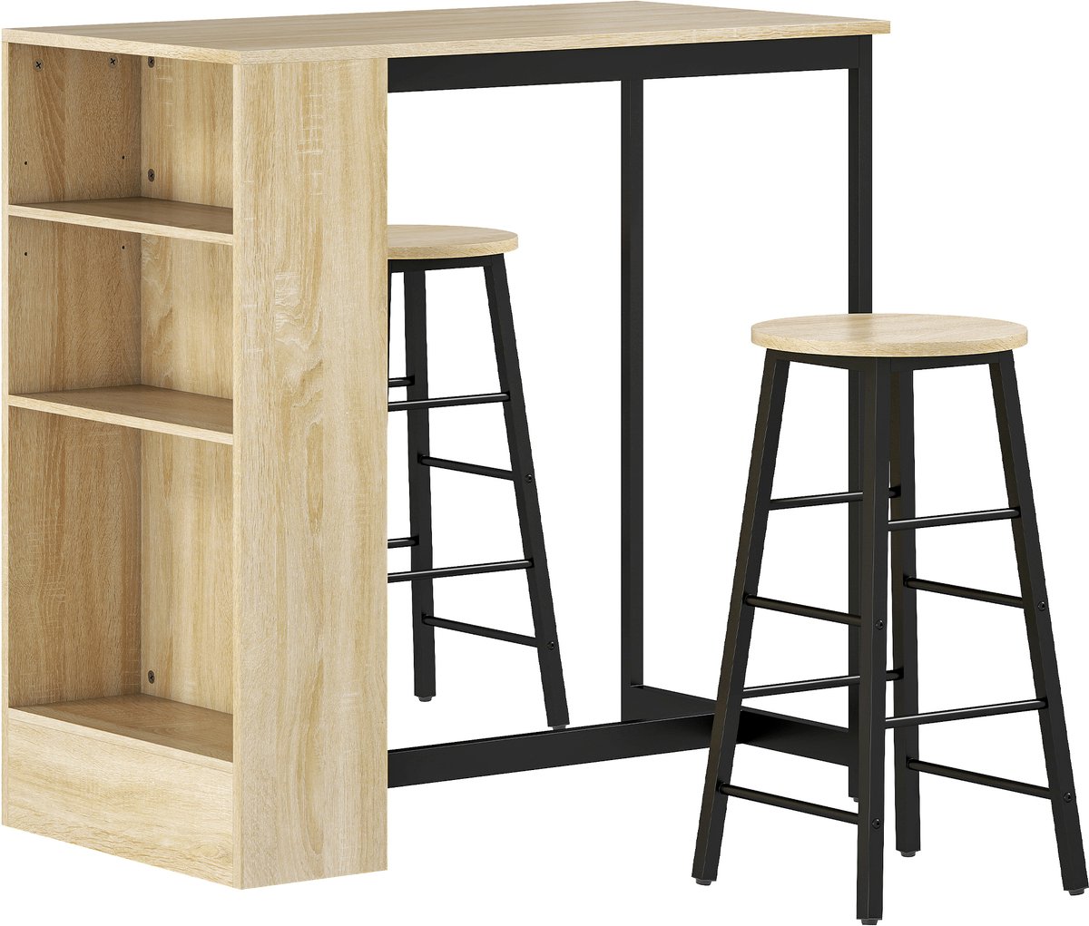 Zwarte Bartafelset 91 x 49 x 91 cm, 3-delige Set met 2 Barstoelen, Keukentafel met Stalen Frame en Houtlook, Hockers met Voetsteun en Opbergruimte, Moderne en Ruimtebesparende Tafelset voor Keuken en Eetkamer