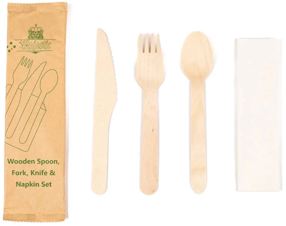 Houten bestekset 4/1 mes+vork+ lepel+servet 100 stuks