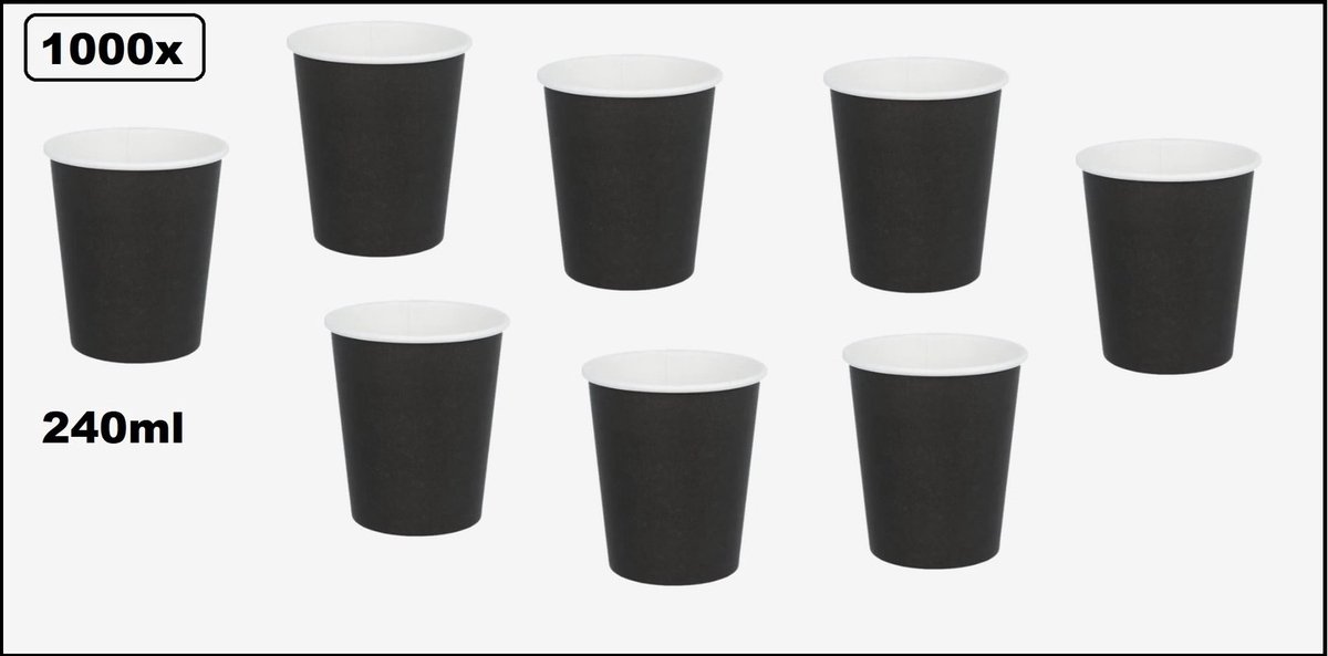 1000x Mega beker karton zwart 230ml - Koffie beker melk suiker hout festival thema feest verjaardag werk lepel