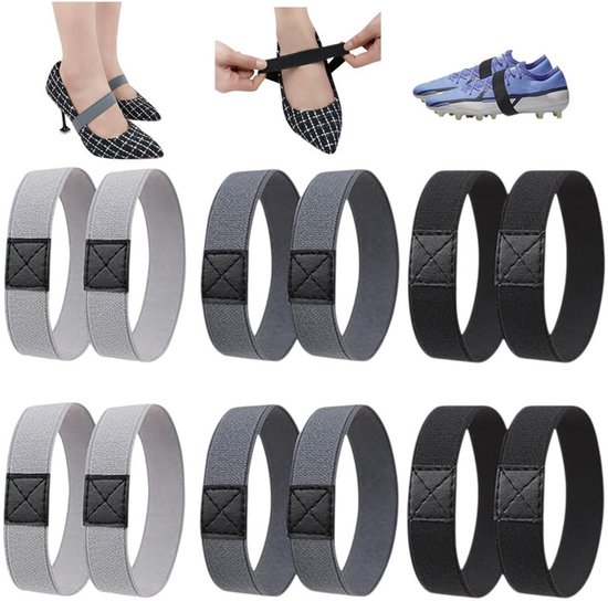 6 stuks - Women's Lace-Up Laces for High Heels - Prevent Heels from Falling Flat - Elastic Straps for Soccer Shoes - Black + Light Gray + Dark Gray - Prevent Loosening, Suitable for Soccer Shoes and High Heels
