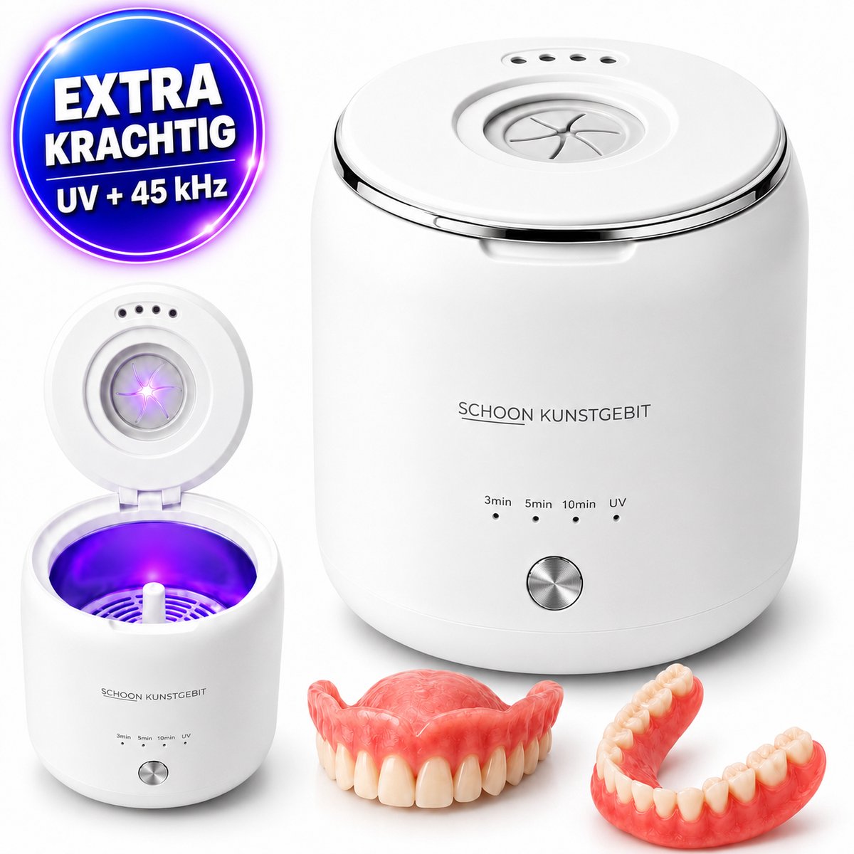 Ultrasone Kunstgebit Reiniger met UV - Extra Krachtig - Voor Gebitsprothese, Beugel, Retainer & Aligner - 45 kHz