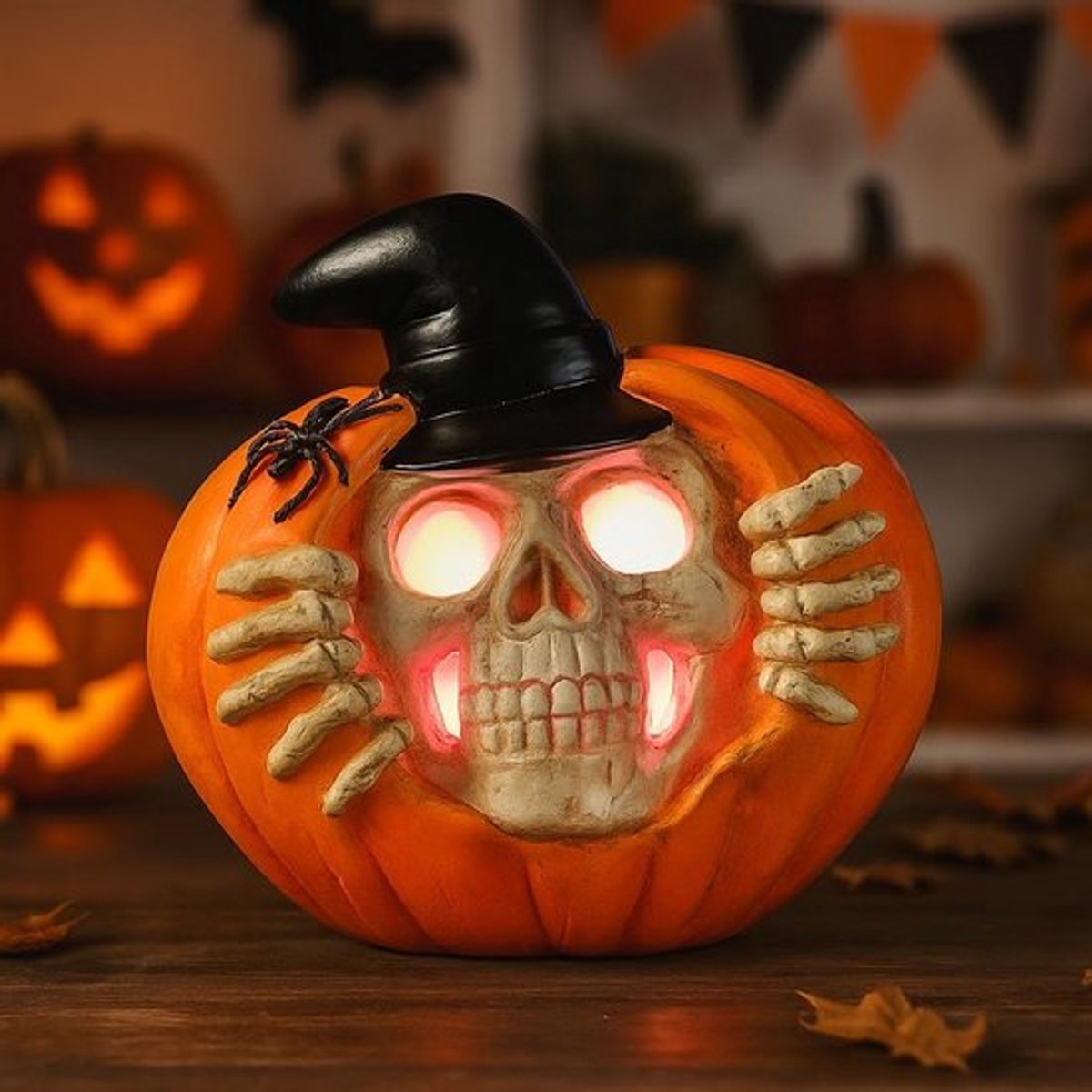 Decoratieve Halloween-pompoen met schedel en lichten - Lichtgevende pompoen met schedel - Spinnenhoed - Hars LED-pompoenlamp voor binnen en buiten Halloweendecoratie