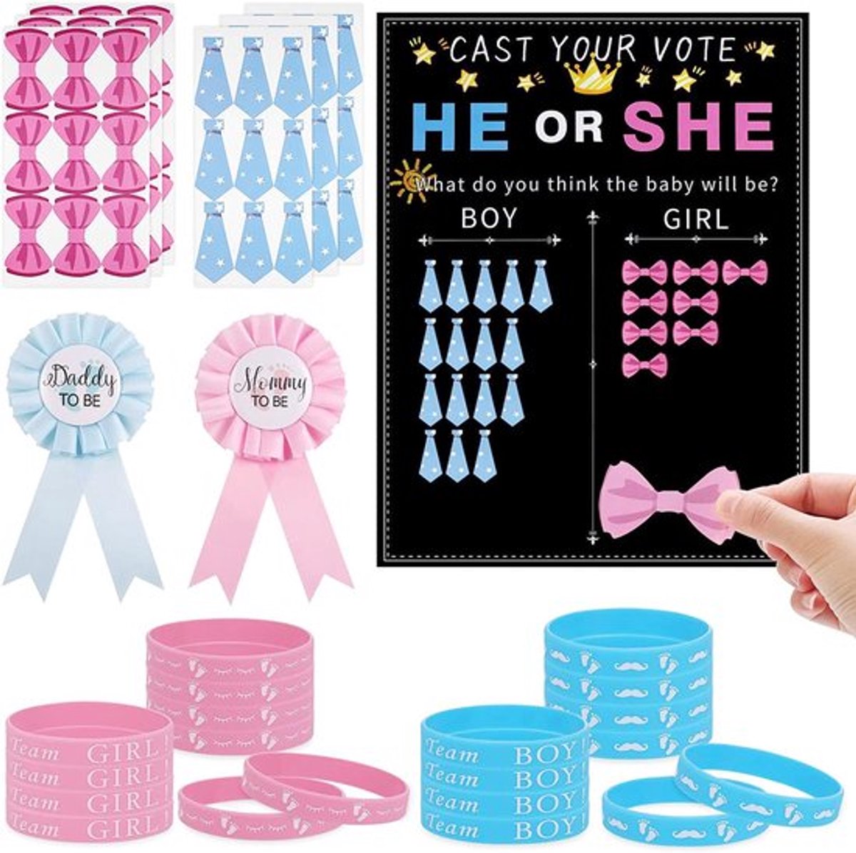 Geslachtsonthulling Decoratie - 77-delige set voor Jongen of Meisje Raadspel - Stickers en Armbanden voor Geslachtsonthulling Feestdecoratie
