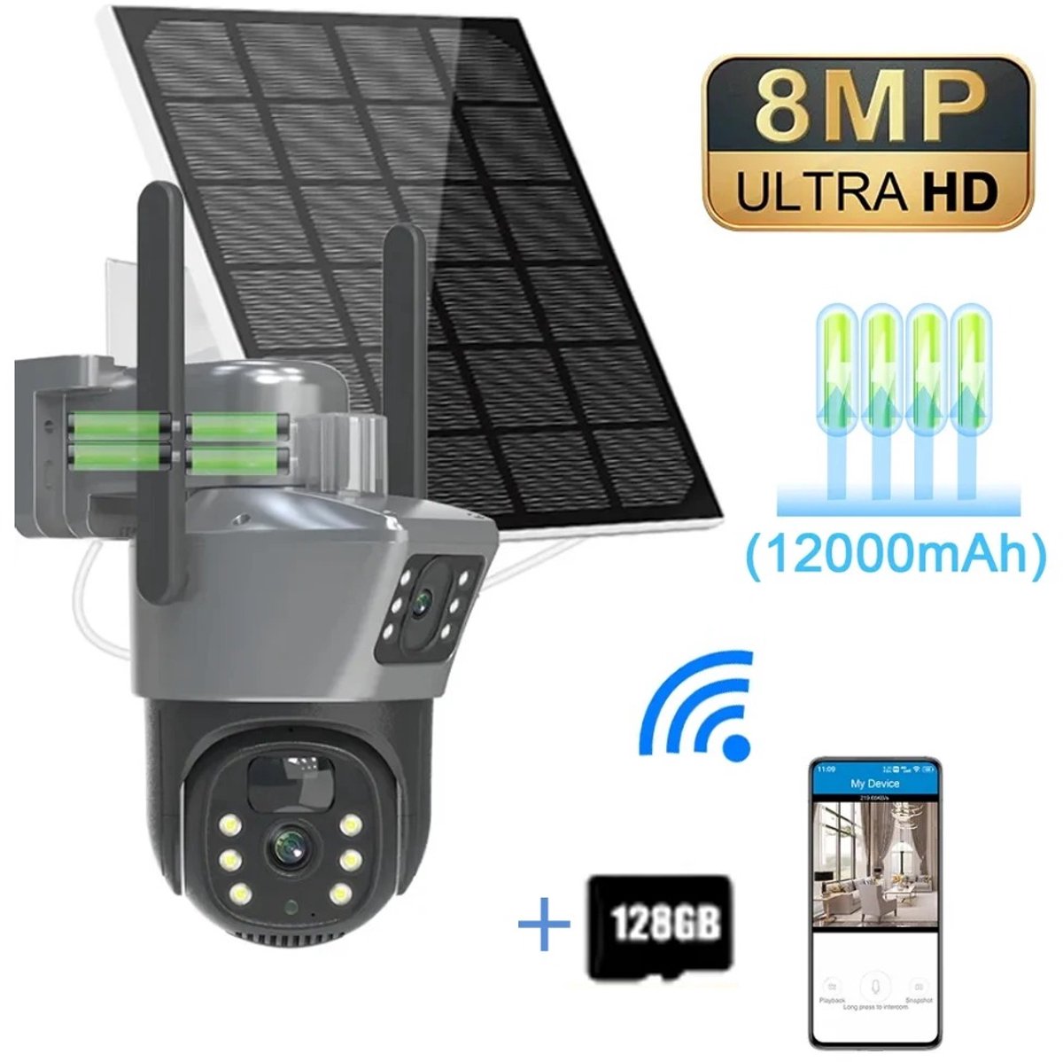 Zerova 4K 8MP Solar Beveiligingscamera Buiten - Draadloze WiFi PTZ Camera - Nachtzicht - Bewegingsdetectie - 12000mAh Batterij