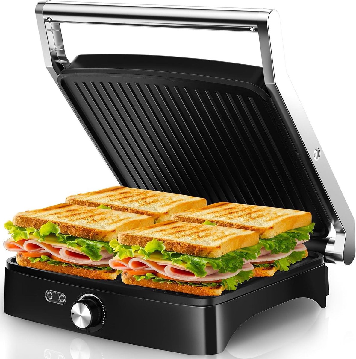Contact Grill - Sandwich Maker Panini - Snacks en Maaltijden - 180° Tafelmodel - 2000 W - Zilver