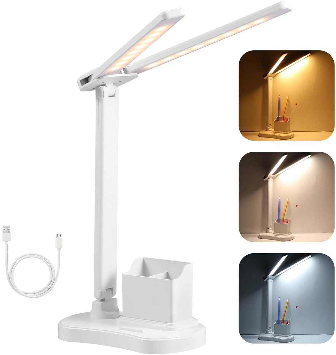 LED-bureaulamp — Verstelbaar met 3 helderheidsniveaus en 3 kleurtemperaturen; werkt via USB; ideaal voor lezen en studeren in studentenkamers of slaapkamers; draagbaar, inklapbaar ontwerp met touch-dimfunctie — Wit