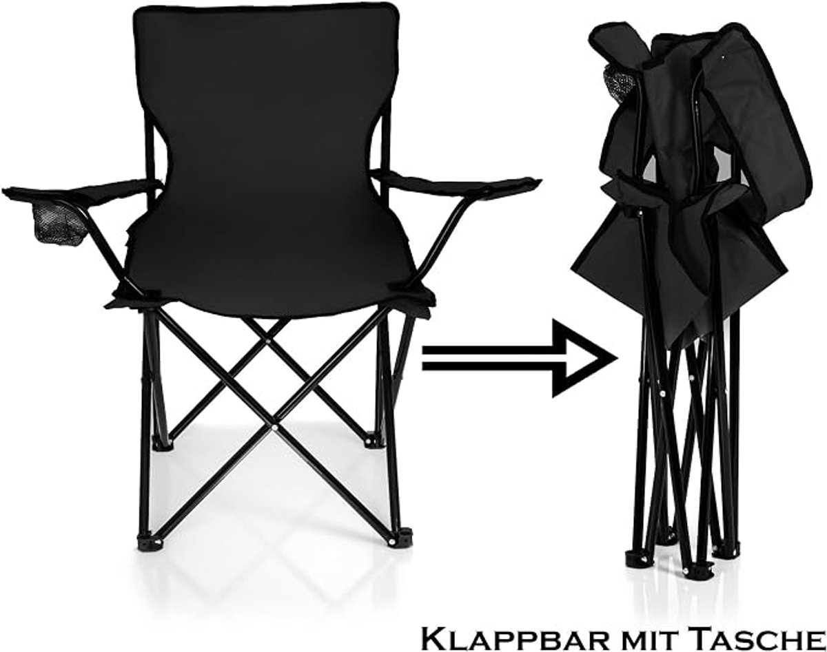 Set van 2 Opvouwbare Campingstoelen – Inklapbare Vouwstoelen met Bekerhouder en Draagtas – Geschikt voor Camping, Vissen en Tuin – Zwart