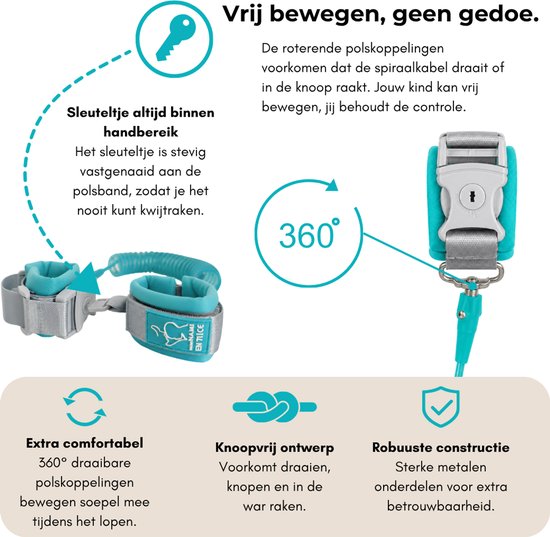 Veiligheidsbandje voor kinderen - Polsbandje met slot - 2 meter - Mint - One size — afbeelding 3