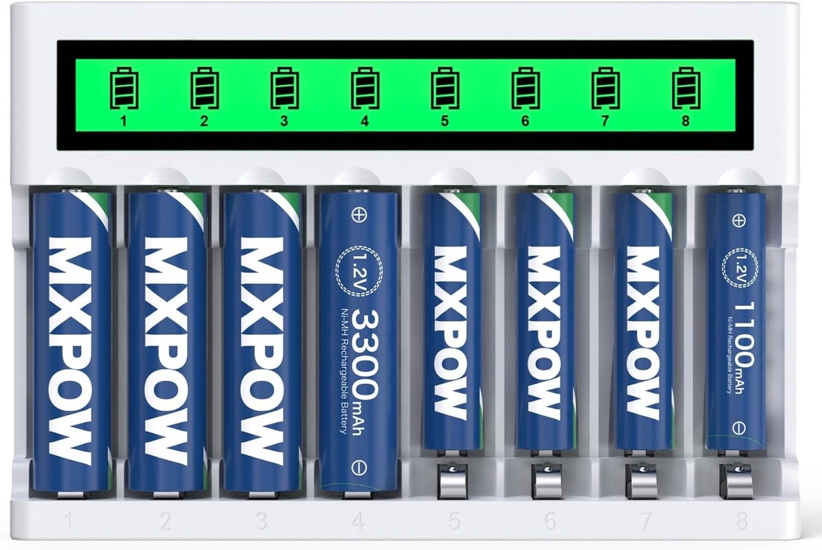 Acculader met LCD-display - Voor AA en AAA - 8-laadstation met Snellaadfunctie - Inclusief 4 AA 3300 mAh en 4 AAA 1100 mAh batterijen