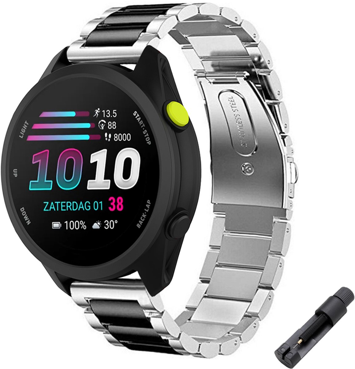 Stravo RVS Schakel bandje – Geschikt voor Garmin Forerunner 70 / 170 / 55 / 165 / 245, Vivoactive 6 / 5 / 3, Venu SQ 2 – Metalen Horlogebandje – Zilver / Zwart