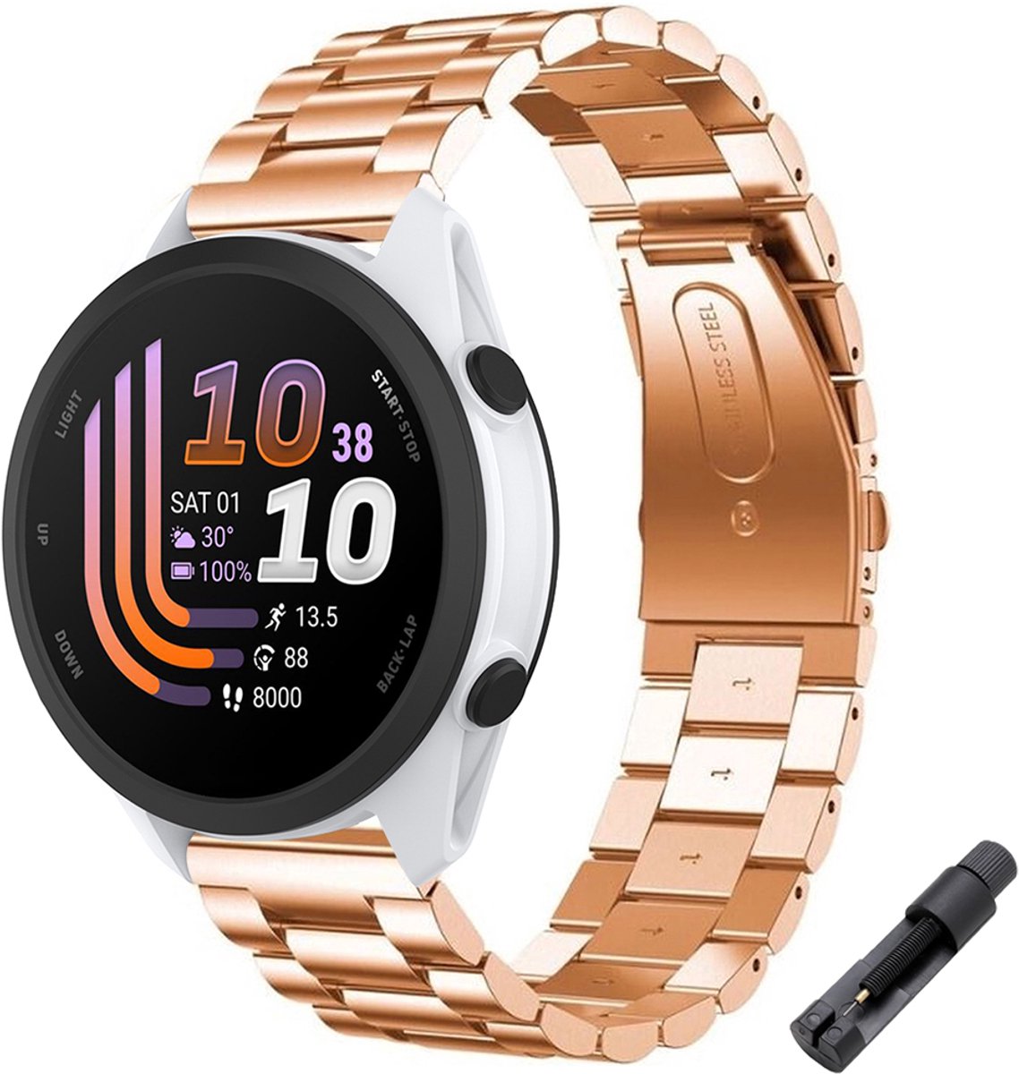 Stravo RVS Schakel bandje – Geschikt voor Garmin Forerunner 70 / 170 / 55 / 165 / 245, Vivoactive 6 / 5 / 3, Venu SQ 2 – Metalen Horlogebandje – Roségoud