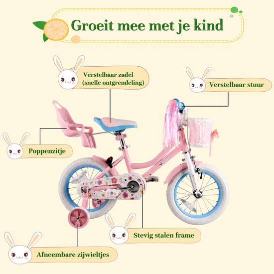 Vankel Meisjesfiets - 12/14/16 inch - Prinses Bloemendesign - Met Zijwieltjes, Roze Rieten Mand en Poppenzitje - Roze — afbeelding 2