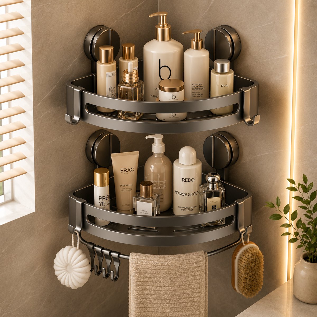 Driehoekige Doucheplank met Zuignappen, Badkamerrek voor Douche, 2 Stuks, Grijs