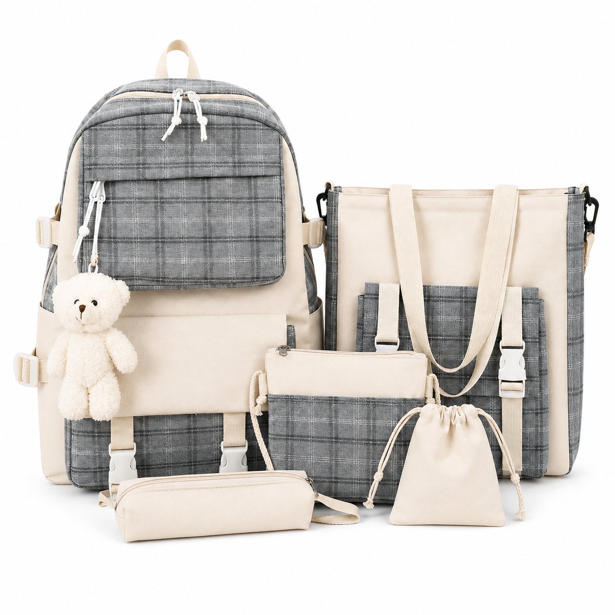 Bobypet - Rugzak Meisje Set - Schattige 5-delige Schooltas Set van Canvas - Kawaii Rugzak met Decoratie voor Meisjes 6-13 Jaar - Inclusief Etui, Schoudertas en Handtas - Back to School Cadeau - Zwart