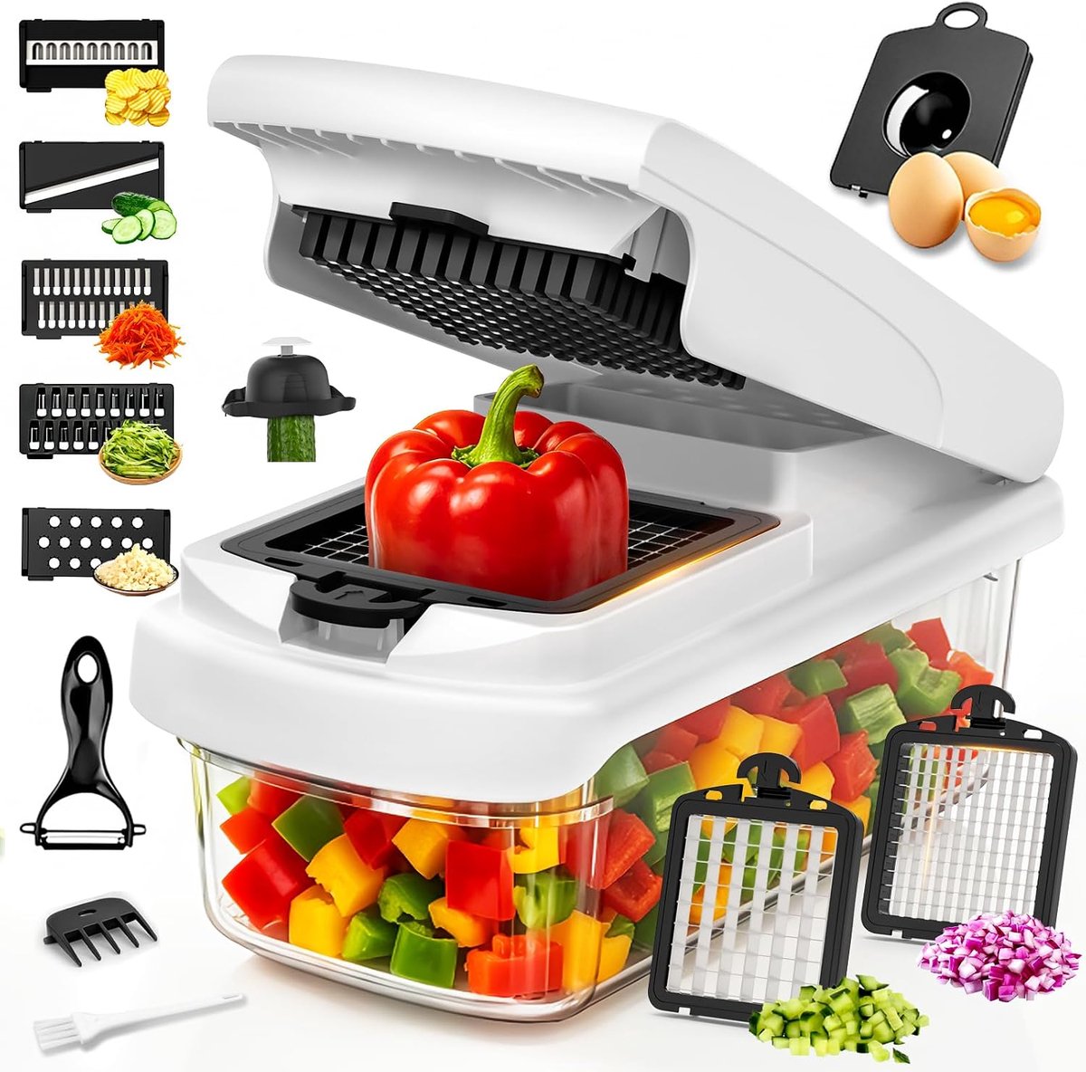Bobypet - 8-in-1 Multifunctionele Groentesnijder - Uiensnijder & Mandoline met 1.8L Opvangbak - RVS Messen voor Blokjes, Schijfjes en Rasp - Wit