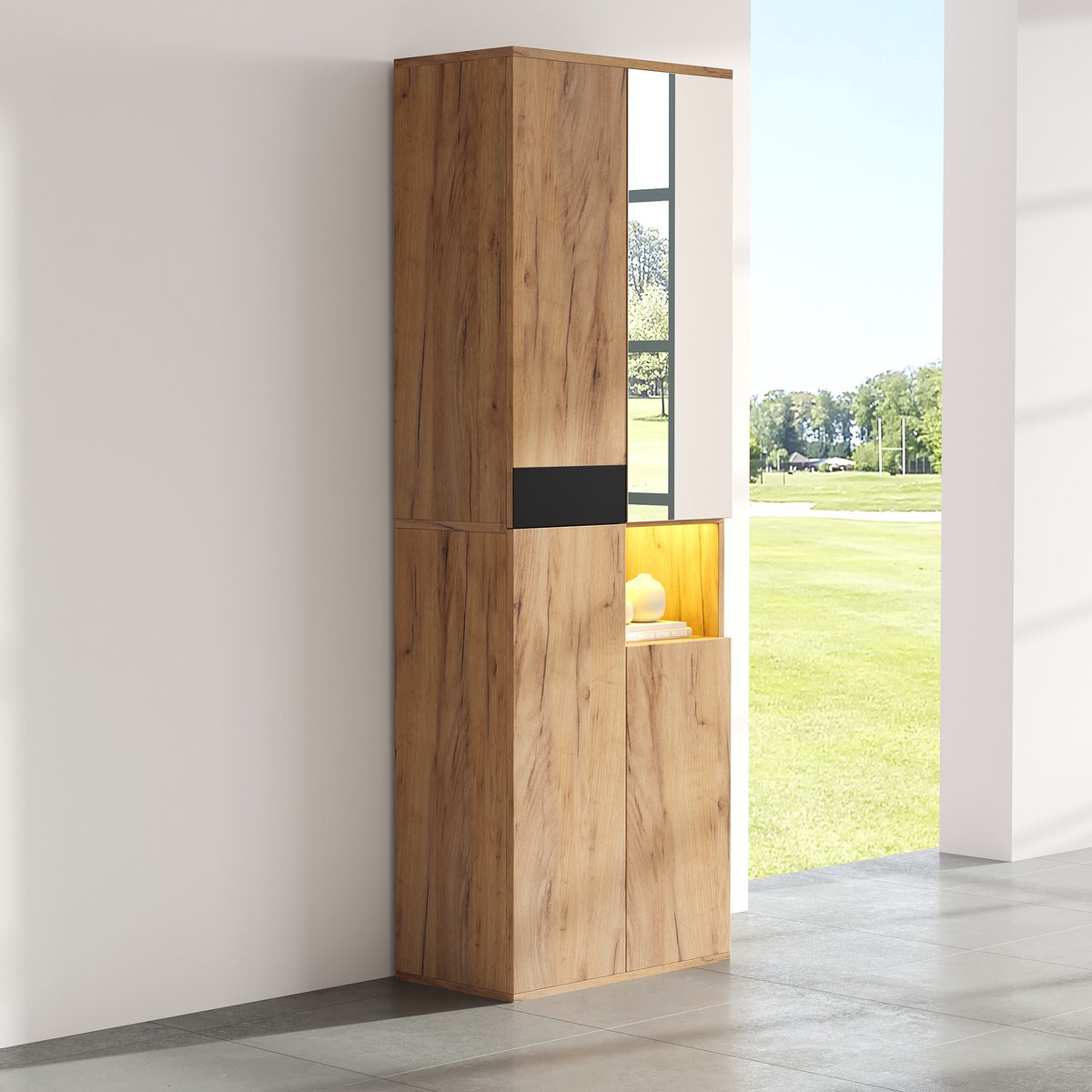 COVREO Hoge kast 65x35x190 cm zwart en naturel, spaanplaat, met spiegel