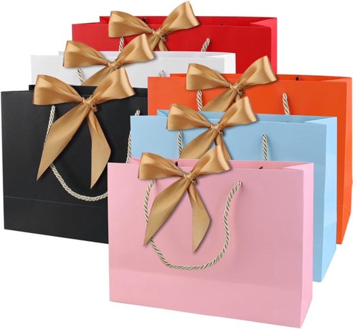 Papieren cadeautasjes met lint en handvat - Set van 6 - Voor verjaardag, bruiloft, Kerstmis - 28 x 20 x 10 cm