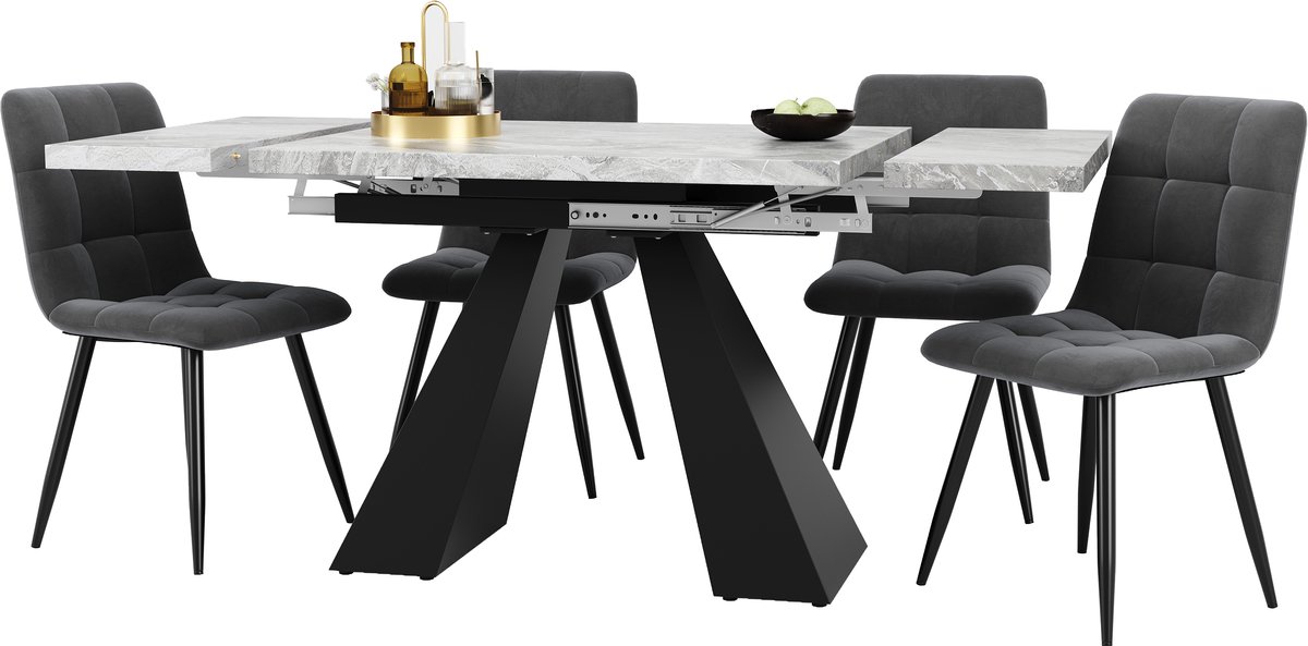 COVREO Uitrekbare eettafel 99-159x74x77 cm zwart grijs, 4 stoelen